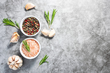 Himalaya salt, fresh rosemary twigs, peppercorn and garlic on dark stone table top view. Spices set...