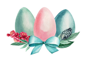 composition of easter eggs, bow, leaves on an isolated white background, festive design, watercolor spring card