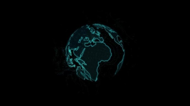 Graphic motion of illuminated globe rotating on black background, useful for world news intro TV broadcasting