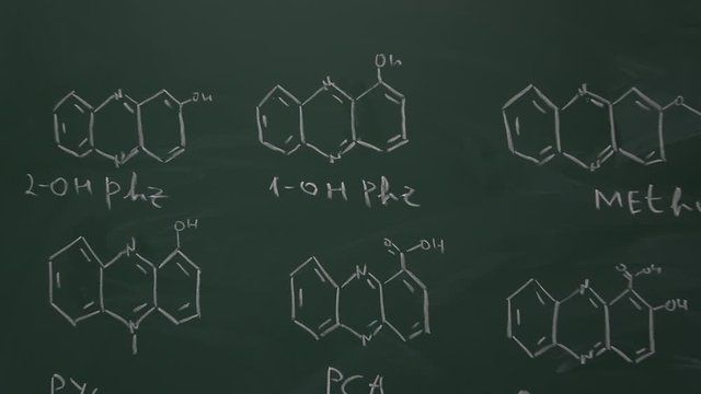 Chemical formulas in the form of Hetero cyclic are drawn in chalk on a green blackboard.