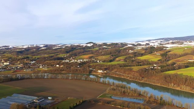 Aerial footage in winter with very little snow