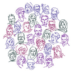 MULTICULTURAL TEAM. Modern multicultural society concept with people. group of people. linear style . Different nationalities, characters, clothes and hairstyles. Portraits of men and women