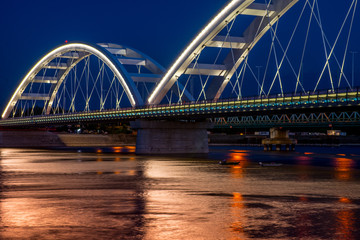 New arch bridge in Novi Sad, Serbia. Night photo
