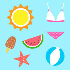 Collection of summer symbols. Set of cute and simple icons. Vacation theme. Vector illustration