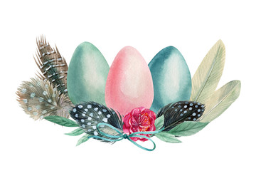 composition of easter eggs, bow, leaves on an isolated white background, festive design, watercolor spring card