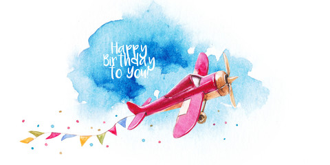 Card watercolor with children's vintage planes, military parade, celebration, party, air show,