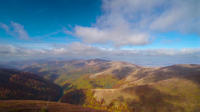 Mountain autumn zoom panorama with beautiful clouds. 4K time lapse video at mountain Carpathians, Ukraine, october, 2017