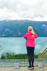 Girl on the Stegastein viewpoint in Norway.