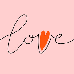 Valentines Day lettering isolated on pink background. Continuous one line drawing of word Love. Romantic inscription. Vector illustration