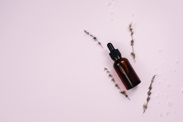 Moisturizing essence in dark brown glass on a pastel pink background next to twigs and dried flowers. The concept of creating homemade natural cosmetics or serums. Copyspace, flat lay