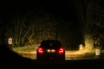 The rallye car is driving in the dark fast on the tarmac roads during the rallye event (Rallye...