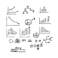 Business infographics. Doodles. Vector. Charts of rise and fall in different versions. Charts. Flowcharts. Checkmarks, notes on the implementation. Loading lines.