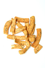 Several pieces of the legume chips. Made from peas flour and baked with only few oil. 