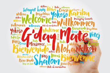 G'day Mate (Welcome in Australian) word cloud in different languages with marker