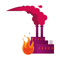 factory with polluting chimneys with fire flame