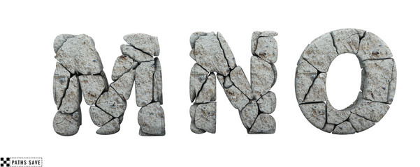 Stone letters M, N, O. 3d render. Rock alphabet. Path save. © wesleyyaya