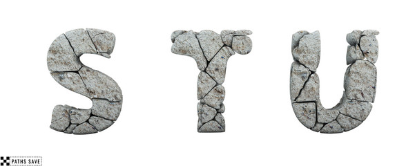 Stone letters S, T, U. 3d render. Rock alphabet. Path save. © wesleyyaya