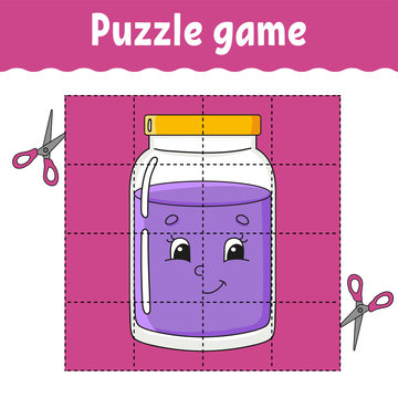 Puzzle game for kids. Education developing worksheet. Glass jar. Learning game for children. Color activity page. For toddler. Riddle for preschool. Isolated vector illustration in cartoon style.