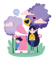 young woman and boy chat with mobile love social media