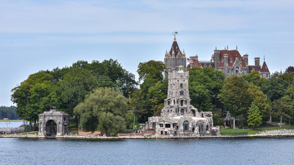 Fototapeta na wymiar Panoramic view of Boldt castle in Heart Island. Located in the border between Canada and United States. Thousands Islands. Ontario, Canada.