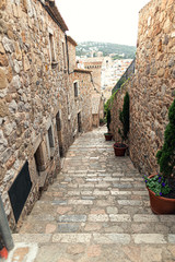 Fototapeta na wymiar Stone steps up on a narrow street in an old European city in Spain.