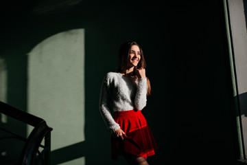 Fototapeta na wymiar Shapely girl in red skirt standing in the dark and smiling. Slim long-haired lady laughing while dancing in shadow.