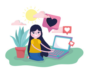 young woman typing laptop love chatting social media