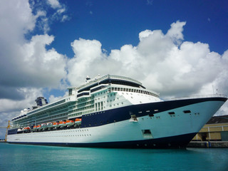 Celebrity Cruises luxury cruiseship or cruise ship liner docked at pier in Port of Bridgetown,...