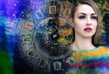 Art portrait of a woman and a clock