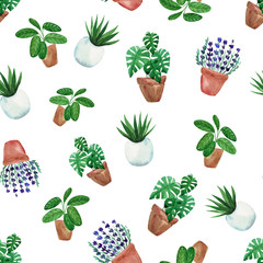 Watercolor hand painted house green plants in flower pots. Seamless pattern of floral elements on white background.