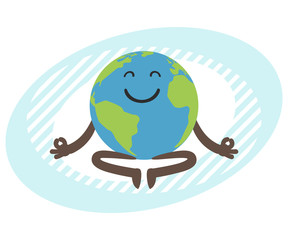 Planet Earth character meditating.  globe relax in lotus yoga pose.