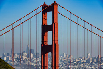 Golden Gate Bridge and San Francisco, Ca. cityscape view and skyline seen from the Marin Headlands in Sausalito, Ca.