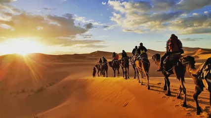 Tuinposter kameelkaravaan in de woestijn Sahara Marokko © Gaper