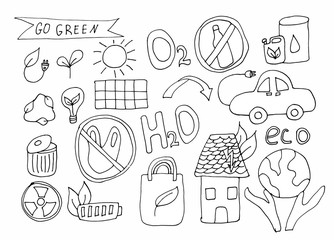  Set of line icons on white background. Environment concept. Ecology, plant, leaf, safety. Vector illustration can be used for topics like nature, environment, planet