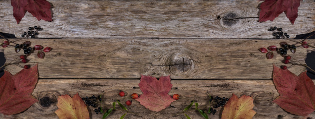 Naklejka na ściany i meble autumn red leaves and berrу on old wooden background