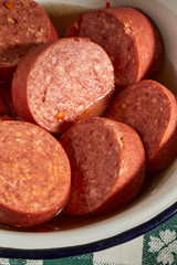 Hot Bologna, a classic cured and pickled sausage from Coal Country in Pennsylvania, USA