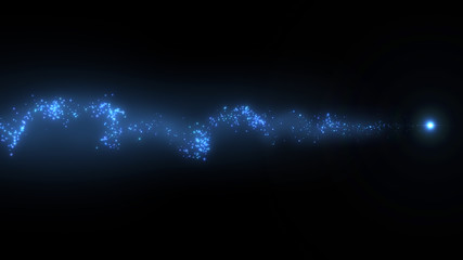 Flight of blue bokeh particles. Magical shimmering light. Isolated on black backgound. Fireworks trail