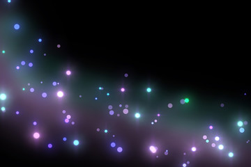Flight of blue and violet bokeh particles. Magical shimmering light. Isolated on black background.