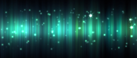 Bright green bokeh lights abstract background. Flying particles or dust. Vivid lightning. Merry christmas design. Blurred light dots. North lights.