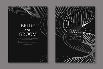 Set of modern luxury wedding invitation design or card templates for business or poster or greeting with silver waves on a black background.