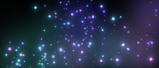 Bright violet bokeh lights abstract background. Flying blue particles or dust. Vivid lightning. Merry christmas design. Blurred light dots.