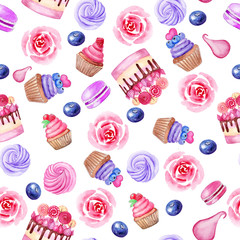 Cake, cupcake, macarons, blueberry seamless pattern with roses. Watercolor illustration on white background. Hand drawn.