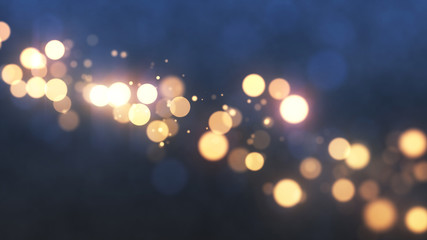 Bright gold bokeh lights abstract background. Flying golden particles or dust. Vivid lightning. Merry christmas design. Blurred light dots. Can use as cover, banner, postcard, flyer.