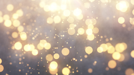 Fototapeta na wymiar Bright gold bokeh lights abstract background. Flying golden particles or dust. Vivid lightning. Merry christmas design. Blurred light dots. Can use as cover, banner, postcard, flyer.