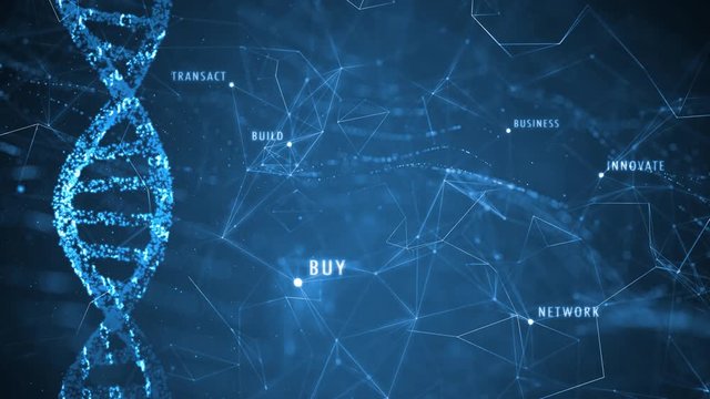 Abstract digital rotating dna molecule on futuristic background with business word cloud animation.