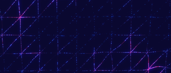 Abstract cg polygonal grid blue and violet neon triangles. Geometric light motion background. Lowpoly wireframe