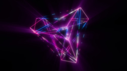 Abstract cg polygonal grid blue and pink neon triangles. Geometric light motion background. Lowpoly wireframe