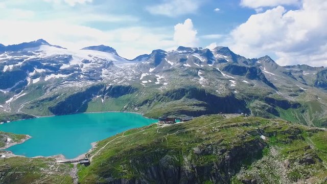 Aerial view of Wei&szlig;see Gletscherwelt panorama in national park Hohe Tauren. Austria, Tirol, lake named Weisssee in Kaunertal, Austrian Alps.