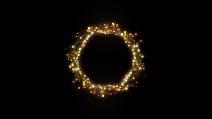 Neon circle. Round frame background. Multiple bokeh particles. Orange color. Glowing ring. Isolated on black.