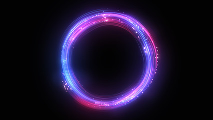 Neon circle. Round frame background. Multiple lines swirls. Blue and pink color. Glowing ring. Isolated on black. - obrazy, fototapety, plakaty